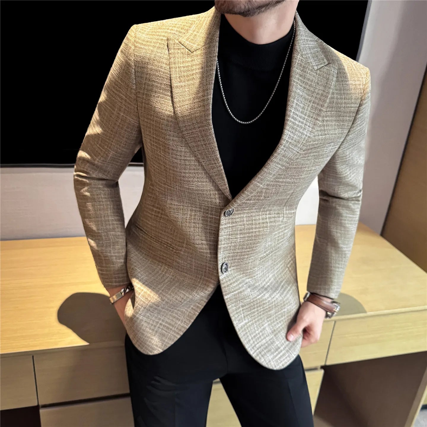Outono inverno grosso lã xadrez terno jaqueta 2025 novo masculino fino ajuste casual moda formal negócios socia festa jaqueta casacos
