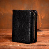 Carteira curta original de couro curtido vegetal, carteira retrô de camada superior de couro, carteira multifuncional de couro genuíno feita à mão