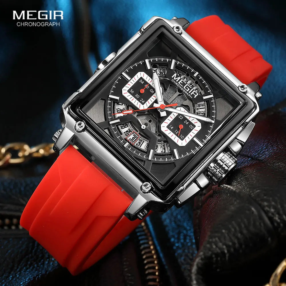 MEGIR-Relógio de quartzo quadrado masculino, moda, impermeável, luminoso, cronógrafo, data, azul, Silicone Strap, esporte, 2233