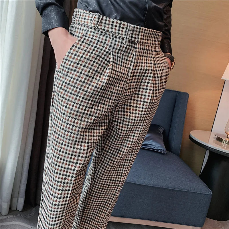 Estilo britânico outono nova moda listra xadrez terno calça masculina design de cintura alta fino ajuste calças de escritório dos homens noivo calças de casamento