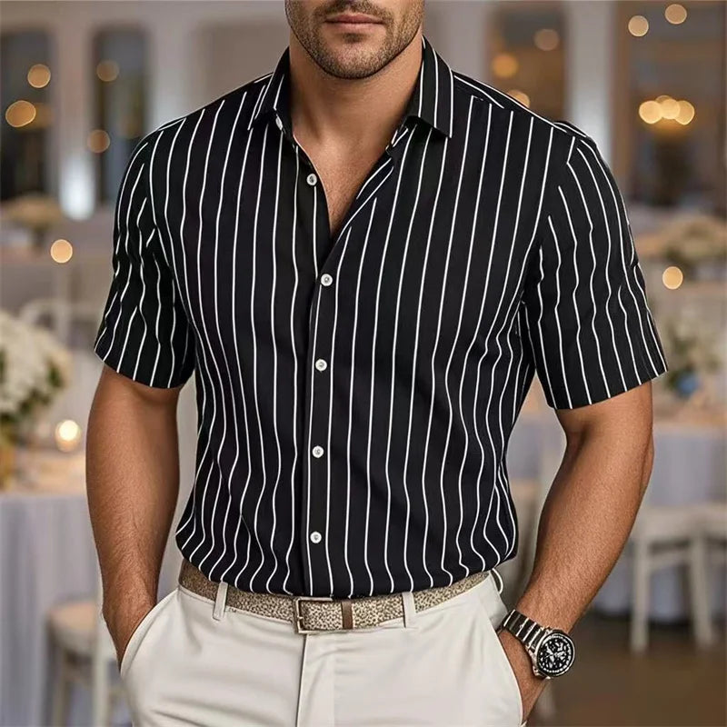Moda listrado impressão masculina camisa de manga curta confortável respirável lapela botão camisas diário negócios casual solto tendência topos