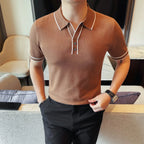 Camisa polo de seda gelo de malha com decote em v masculina 2025 verão moda sólida manga curta t camisa masculina fino ajuste casual camisetas topos