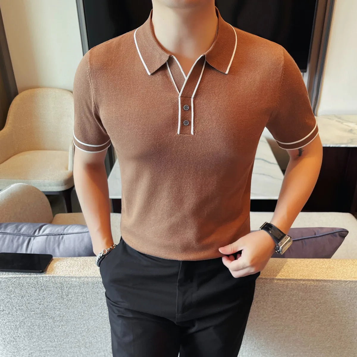 Camisa polo de seda gelo de malha com decote em v masculina 2025 verão moda sólida manga curta t camisa masculina fino ajuste casual camisetas topos