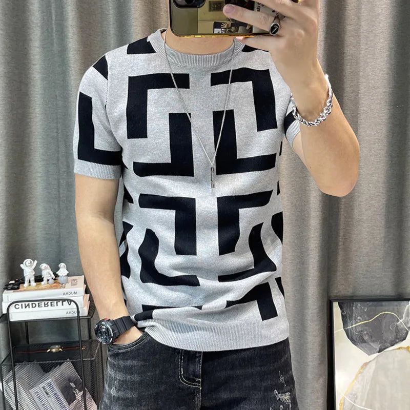 Camiseta coreana de malha com decote em O masculina, blusa de manga curta, camiseta justa, streetwear casual masculino, clube social, luxo, outono, 2022