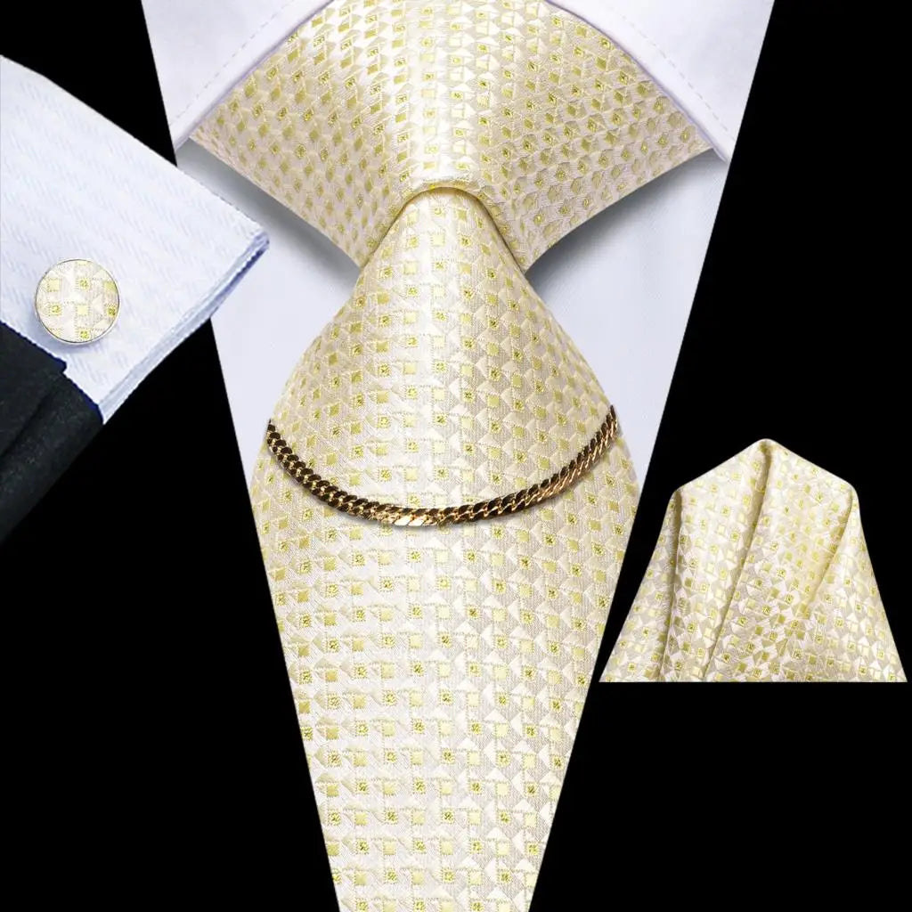 Hi-Tie-Gravatas de seda xadrez de luxo masculinas, conjunto de abotoaduras, design preto, presente de casamento, corrente de gravata moda