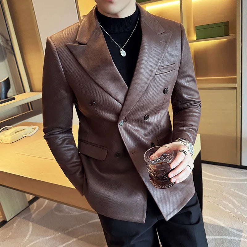 Homens de alta qualidade duplo breasted blazer camurça sarja dourada fino ajuste negócios social formal terno jaqueta tailcoats roupas masculinas