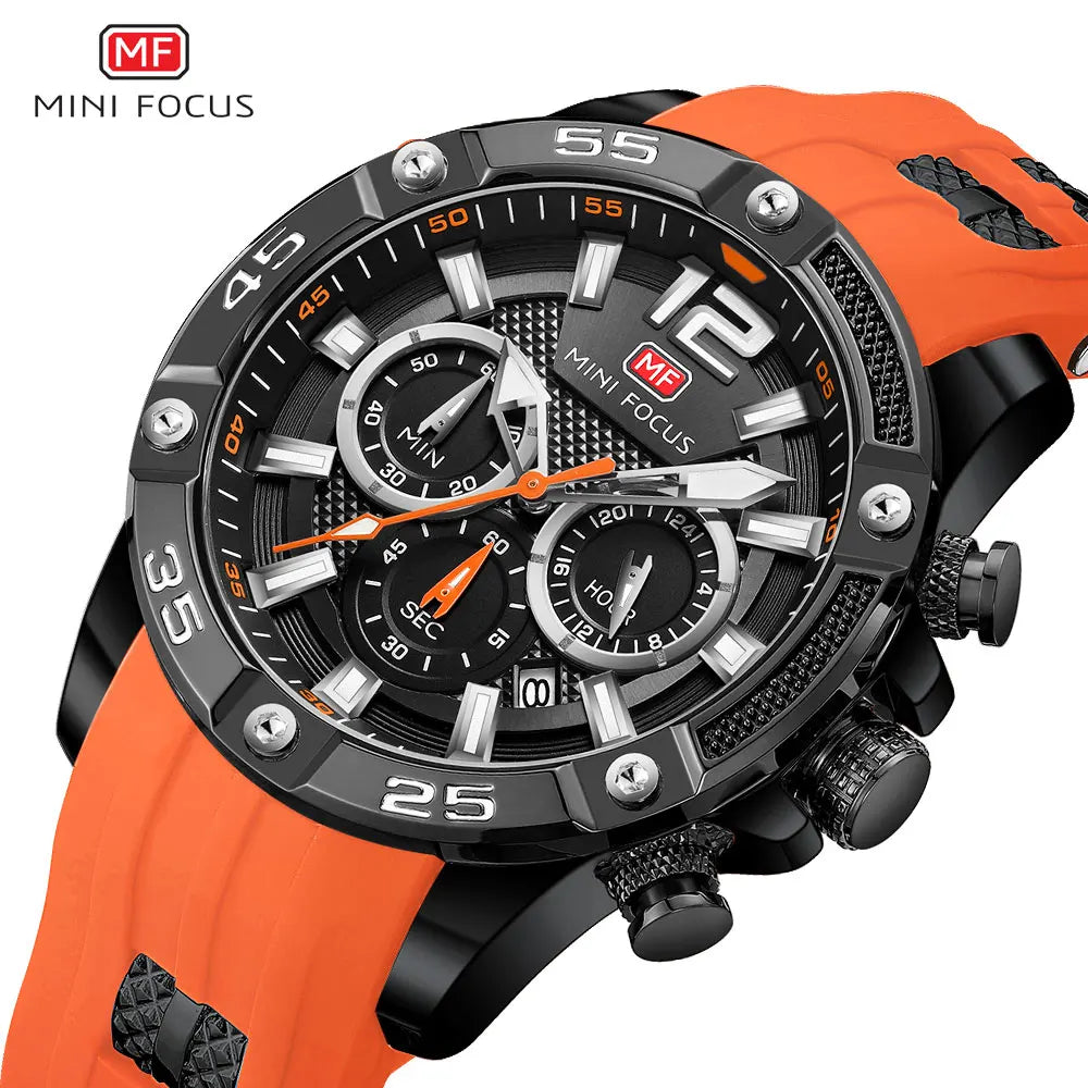 Mini foco laranja relógio para homem militar esporte cronógrafo relógio de pulso de quartzo com pulseira de silicone à prova dwaterproof água luminosa mãos 0349