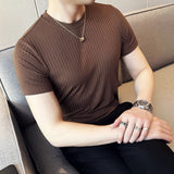 Verão gelo seda elástica listra fina camiseta masculina fino ajuste manga curta tripulação pescoço respirável versátil camiseta topos 4xl-m