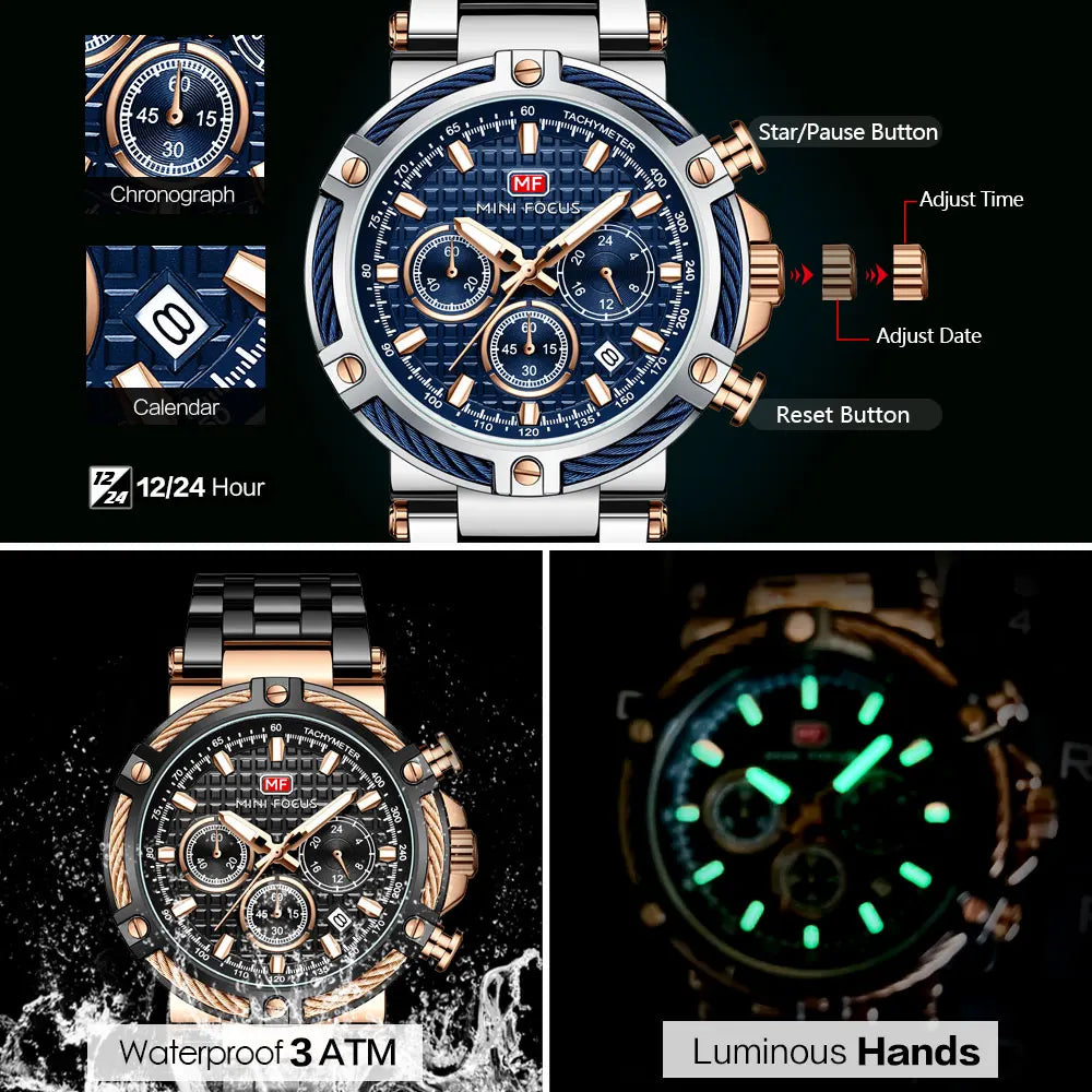 Mini foco analógico vestido de quartzo relógio masculino prata azul pulseira de aço inoxidável cronógrafo relógio de pulso luminoso com data 24 horas 0470