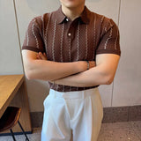 2025 verão masculino listras onduladas polos camisas moda turn-down colarinho simplicidade fino ajuste manga curta de malha t camisas topos