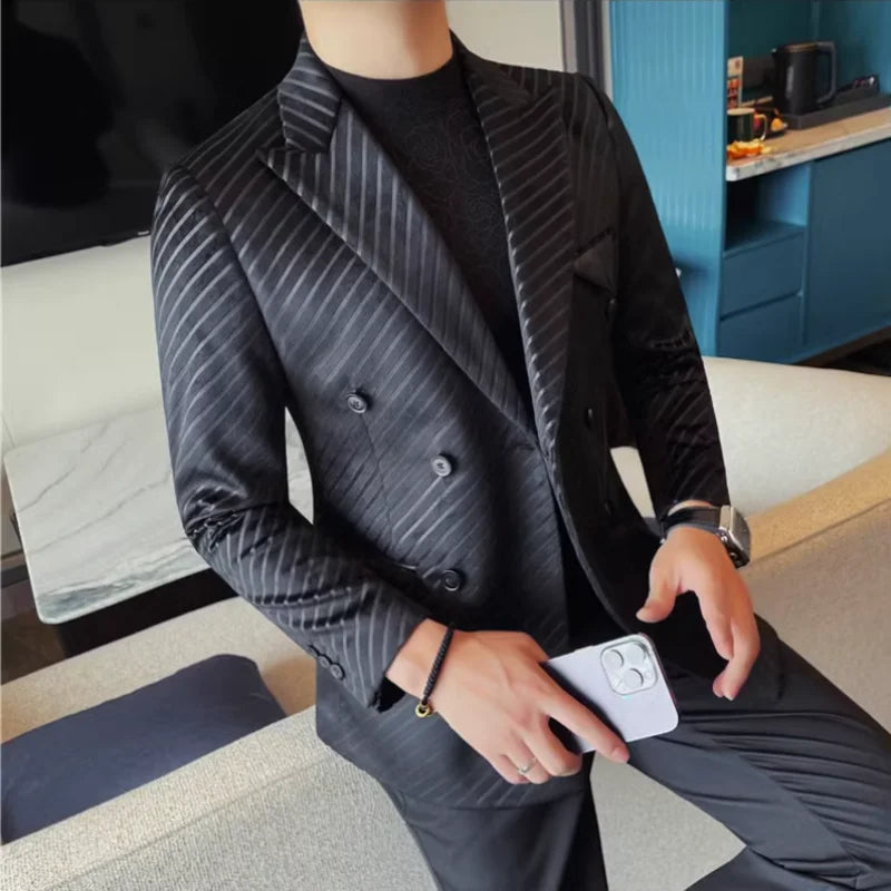 Estilo britânico de luxo masculino duplo breasted sarja terno jaqueta alta qualidade moda negócios fino ajuste noivo festa social terno vestido