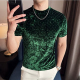 Camiseta bronzeadora de veludo dourado primavera verão novo o-pescoço moda masculina fino ajuste casual respirável t camisa pulôver roupas masculinas