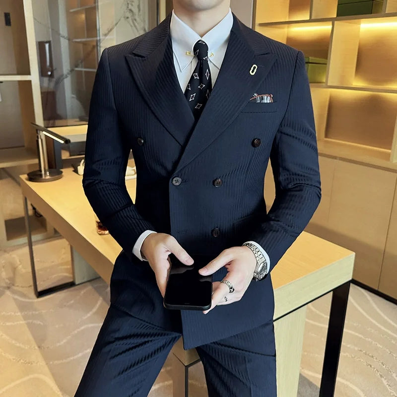 (Jaquetas + calças + colete) terno masculino listrado de luxo de alta qualidade duplo breasted elegante moda smoking formal noivo casamento terno social