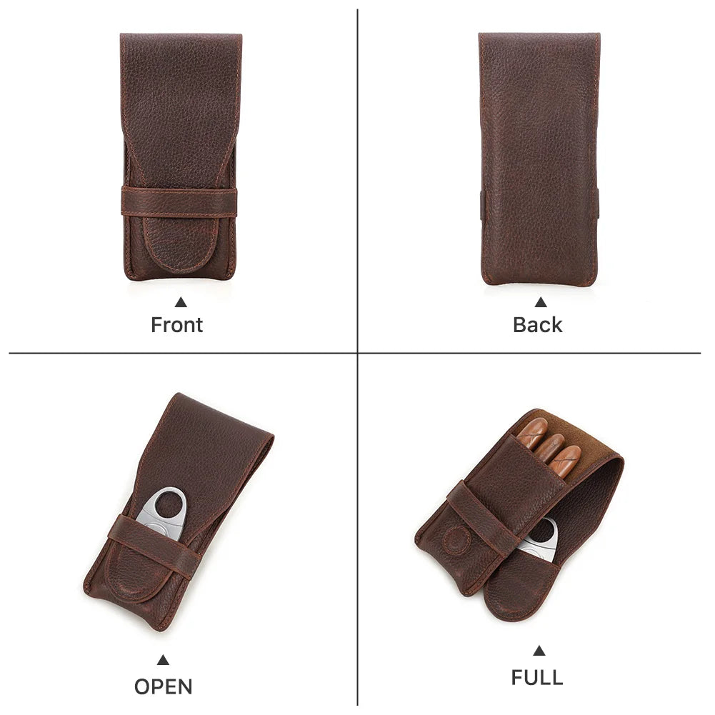 Suporte de charutos de 3 dedos em couro genuíno vintage, caixa portátil do humidor com estojo cortador, saco de presente masculino