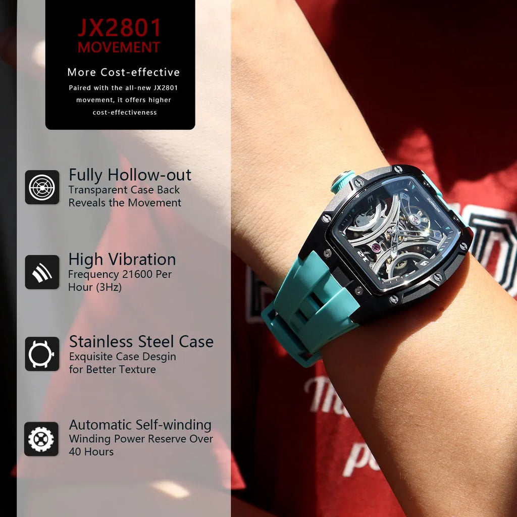 MEGIR Moda Esportes Relógio Mecânico para Homens Relógio de Pulso Automático com Pulseira de Silicone Transparente Tonneau Dial