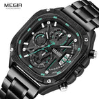 Megir relógio de quartzo preto masculino, à prova d'água, mostrador quadrado, relógio de pulso com cronógrafo, pulseira de aço inoxidável, mãos luminosas, data automática