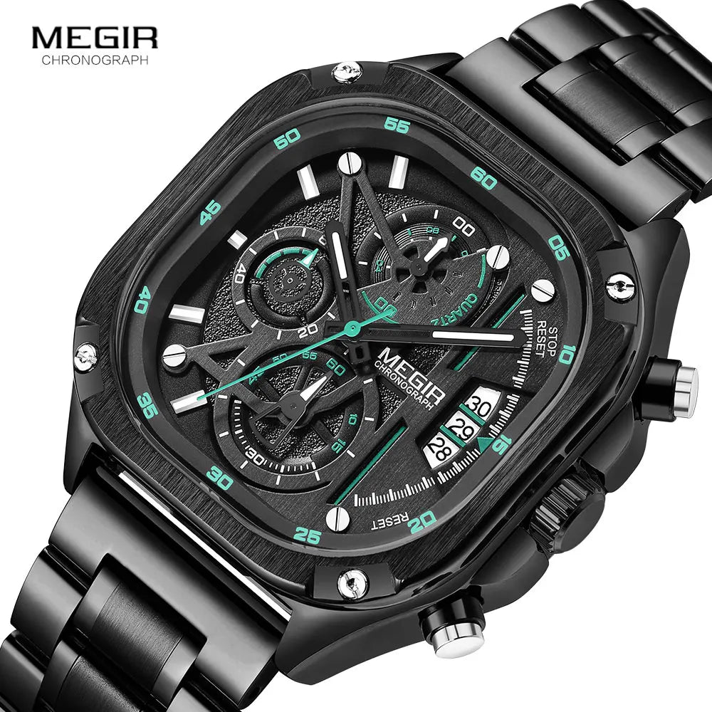 Megir relógio de quartzo preto masculino, à prova d'água, mostrador quadrado, relógio de pulso com cronógrafo, pulseira de aço inoxidável, mãos luminosas, data automática