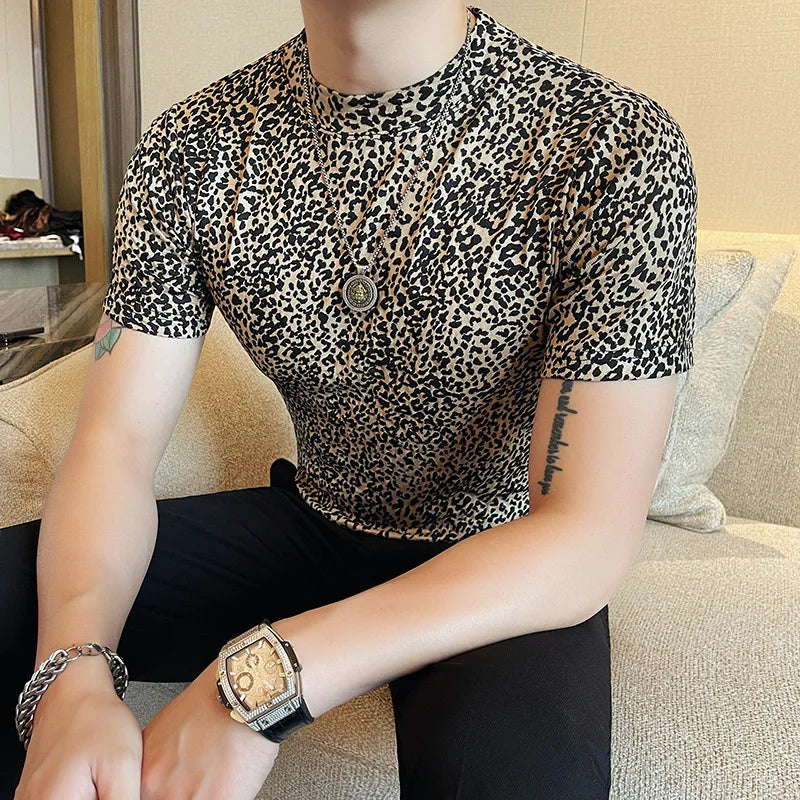 Padrão de leopardo t camisa para homens verão nova moda 3d impresso mangas curtas fino ajuste em torno do pescoço casual camisetas streetwear 4xl-m