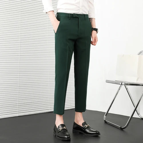 Verão nova cor sólida negócios calças casuais masculino fino ajuste social terno pant formal escritório tornozelo comprimento calças streetwears 36-29