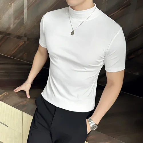 Outono inverno masculino meia alta pescoço manga curta camiseta coreano fino ajuste cor sólida camisa inferior casual algodão elástico camisetas