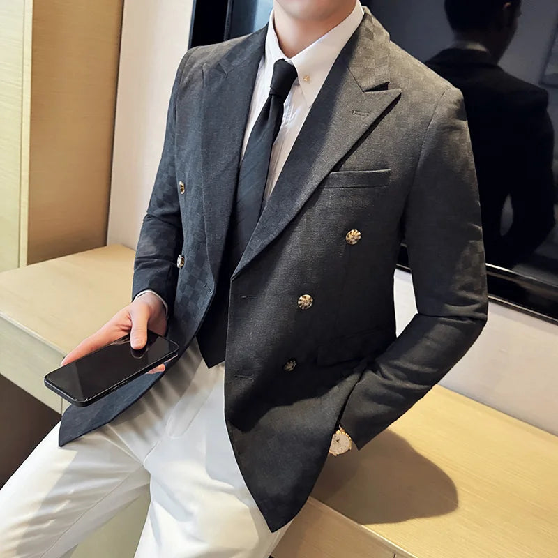 6 cores de luxo duplo breasted blazers casacos 2024 nova moda xadrez negócios fino ajuste social formal terno jaqueta 5xl-m