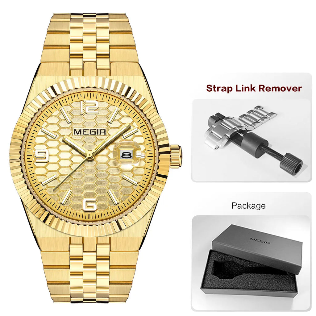 Megir relógio de quartzo estilo simples para homens, relógio de pulso analógico de negócios da moda com pulseira de aço inoxidável, data, mãos luminosas