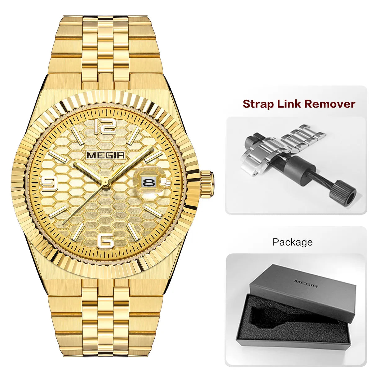 Megir relógio de quartzo estilo simples para homens, relógio de pulso analógico de negócios da moda com pulseira de aço inoxidável, data, mãos luminosas