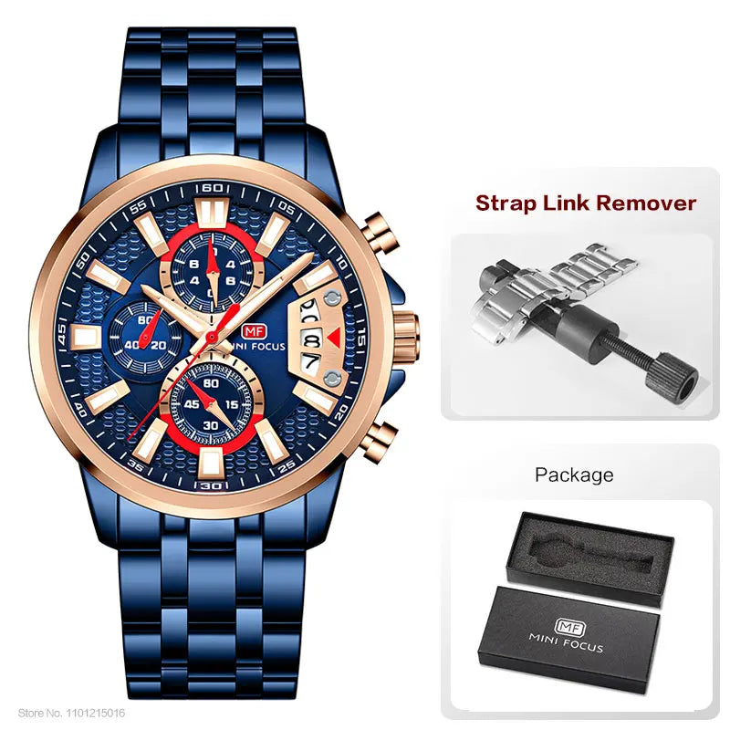 MINI FOCUS Motley Relógios para Homens Moda Esporte Cronógrafo Relógio de Pulso de Quartzo com Data Luminosa Mãos Pulseira de Aço Inoxidável Homem