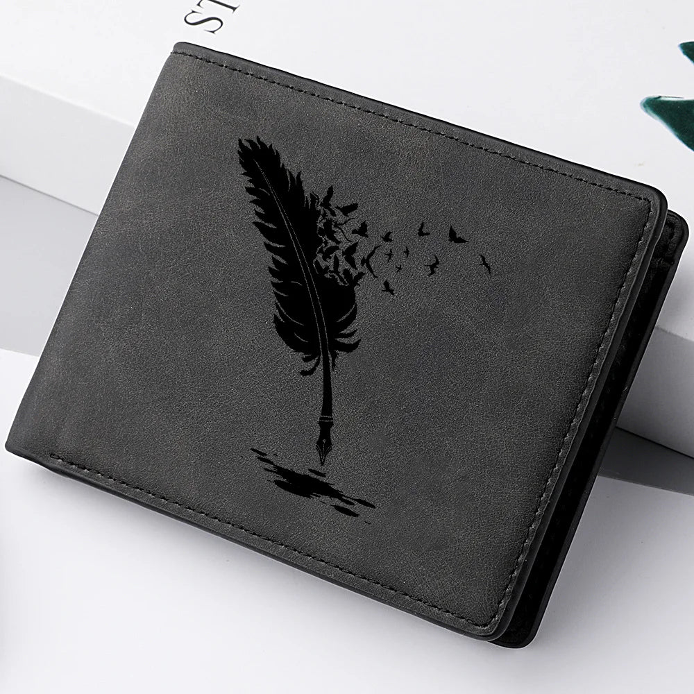 Nova carteira masculina premium com padrão de pena de anjo preto com vários slots para cartões, bolso para moedas, zíper, carteira rígida masculina