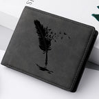 Nova carteira masculina premium com padrão de pena de anjo preto com vários slots para cartões, bolso para moedas, zíper, carteira rígida masculina