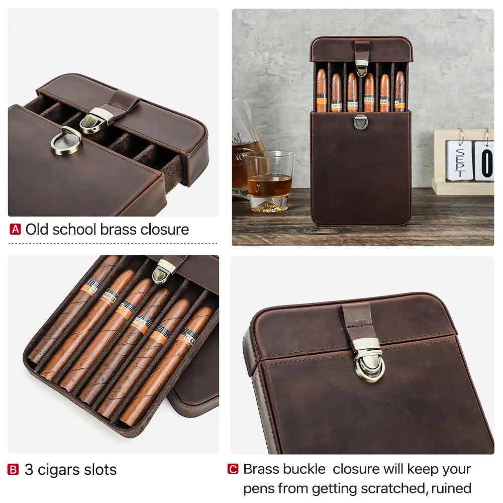 Estojo De Couro De Couro Portátil Para Charuto, Humidor De Luxo, Acessórios De Fumar, Fivela De Latão, Compartimentos De Armazenamento, 3 ou 6 Slots