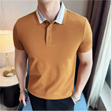 Verão de malha cor bloqueada listra colarinho polos camisas de alta qualidade moda masculina manga curta magro camiseta topo roupas masculinas