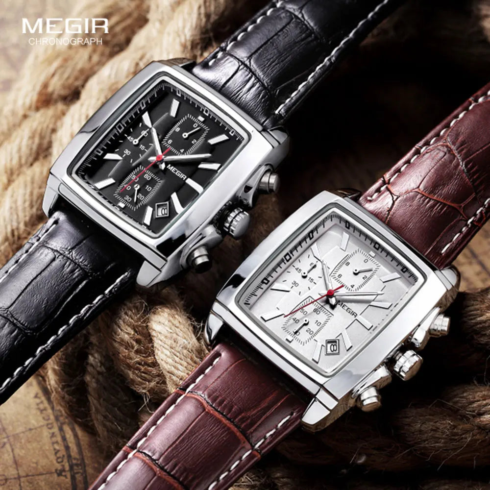 Megir retângulo dial pulseira de couro relógio para homem casual azul cronógrafo relógios de quartzo homem relógio de pulso montre reloj Часы m �