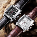 Megir retângulo dial pulseira de couro relógio para homem casual azul cronógrafo relógios de quartzo homem relógio de pulso montre reloj Часы m �