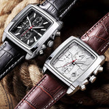 Megir retângulo dial pulseira de couro relógio para homem casual azul cronógrafo relógios de quartzo homem relógio de pulso montre reloj Часы m �