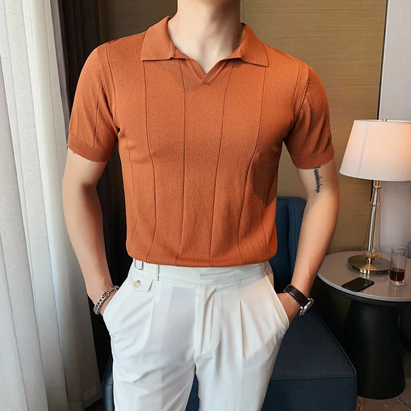 Estilo britânico v pescoço polo camisa dos homens de verão manga curta tricô t moda lapela cor sólida fino ajuste negócios polos casuais