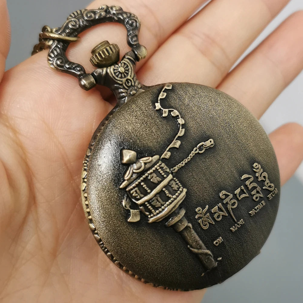 Om Mani Padme Hum Budismo Letras Sanskrit Seis Palavras Relógio de Bolso de Quartzo para Homens Mulheres com Colar de 80cm/Cadeia de Gancho de Cintura de 38cm
