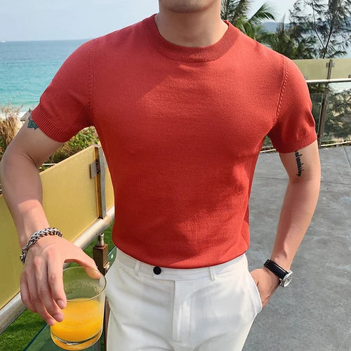 Estilo britânico verão gelo seda manga curta malha t camisas masculinas simples cor pura o-pescoço casual magro camiseta topo homme M-3XL