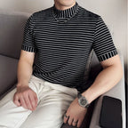 Moda listra impressa t camisas para homens verão casual meia alta pescoço fino ajuste respirável camisetas pullovers roupas masculinas 4xl-m