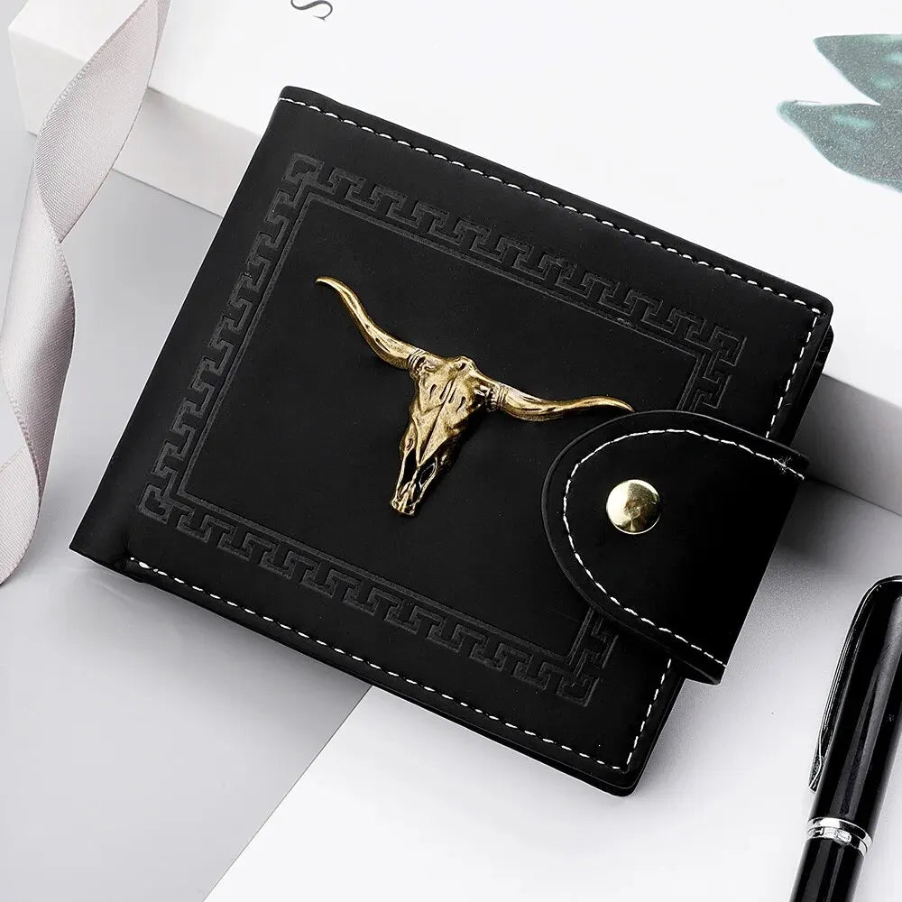 Nova carteira masculina curta multi-função slot para cartão metal touro etiqueta carteira de luxo zíper designer pequena carteira fina