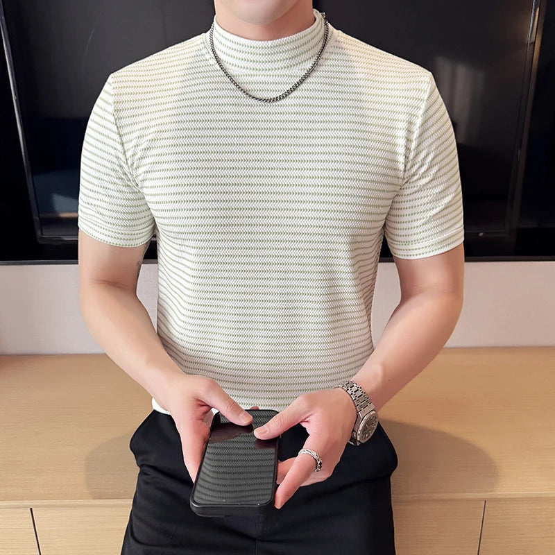 Moda listra masculina camisetas verão meia alta pescoço fino ajuste casual versátil respirável t camisa pulôver roupas masculinas 4xl-m