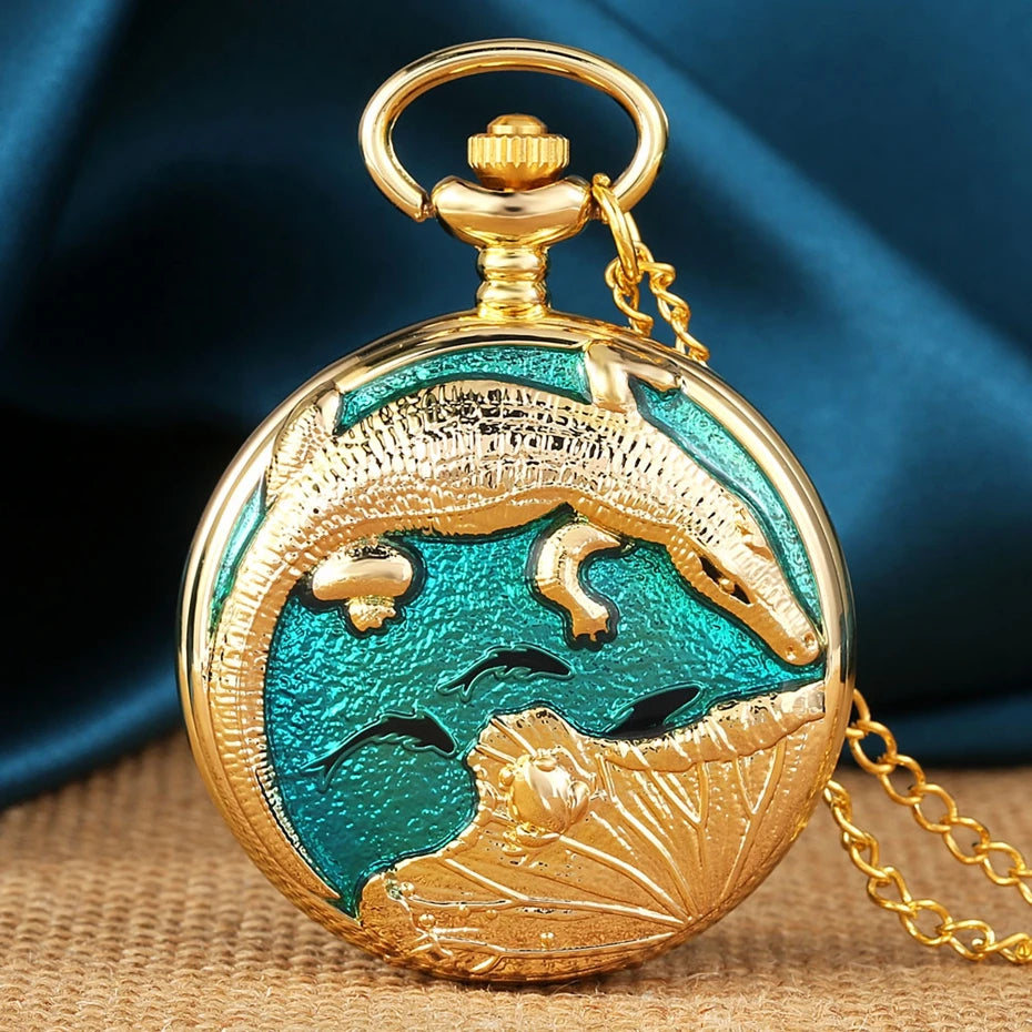 Real de luxo cor dourada crocodilo display quartzo bolso relógio colar moda azul pingente corrente fob steampunk relógios presentes