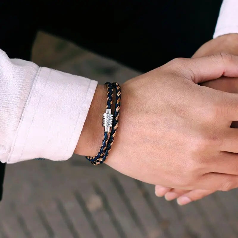 Noter minimalista masculino pulseira artesanal de couro trançado braclet homme aço inoxidável magentic fecho lazer acessórios pulsera