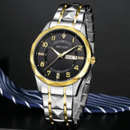 Megir relógio masculino de quartzo com pulseira de aço inoxidável, relógio de pulso estilo simples e data do dia, calendário, caixa de liga