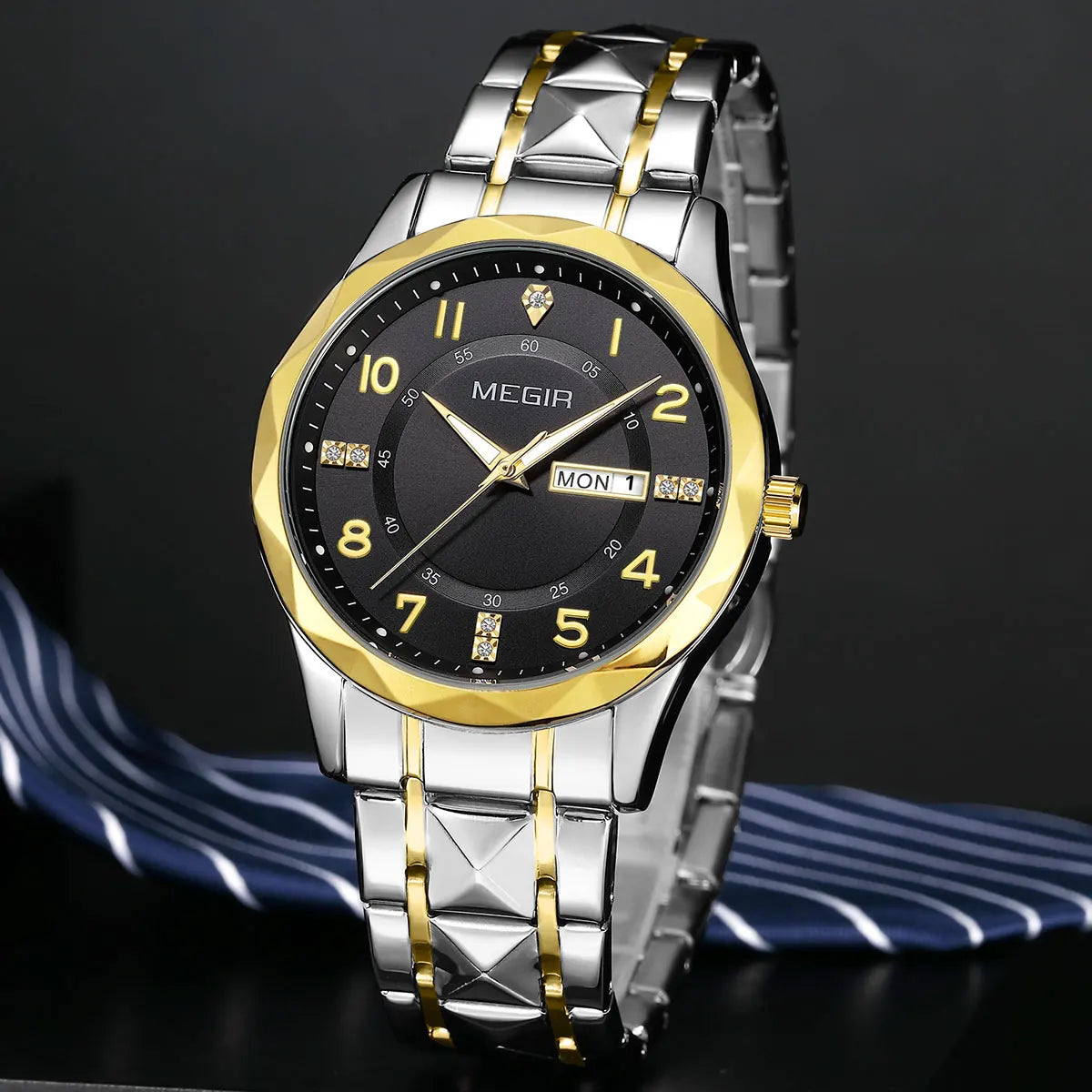 Megir relógio masculino de quartzo com pulseira de aço inoxidável, relógio de pulso estilo simples e data do dia, calendário, caixa de liga
