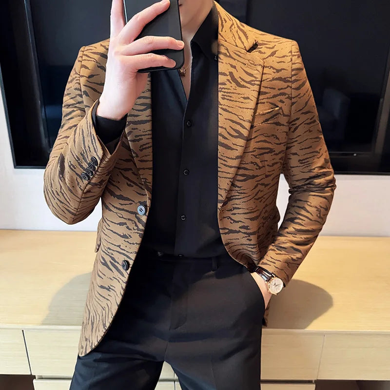 Blazers com estampa de leopardo masculino, casaco justo, terno casual de negócios de alta qualidade, vestido de festa social, na moda