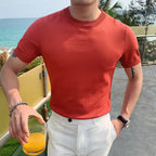 Estilo britânico verão gelo seda manga curta malha t camisas masculinas simples cor pura o-pescoço casual magro camiseta topo homme M-3XL