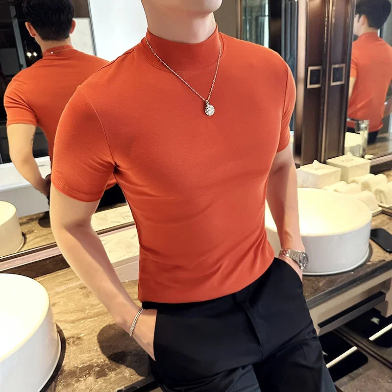 Outono inverno masculino meia alta pescoço manga curta camiseta coreano fino ajuste cor sólida camisa inferior casual algodão elástico camisetas
