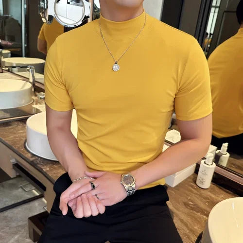 Outono inverno masculino meia alta pescoço manga curta camiseta coreano fino ajuste cor sólida camisa inferior casual algodão elástico camisetas