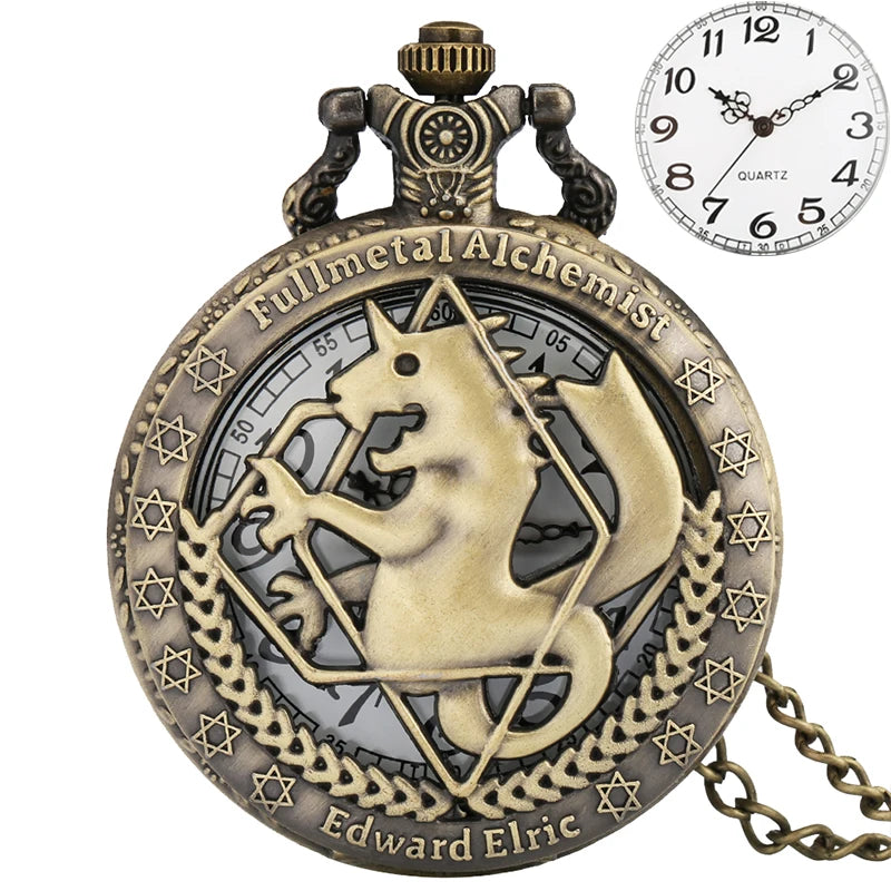 Vintage preto fullmetal alchemist relógio de bolso quartzo steampunk popular edward elric colar corrente fãs cosplay anime relógios